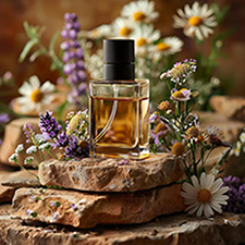bottle perfume is displayed rock with flowers surrounding it_633842 12612 2